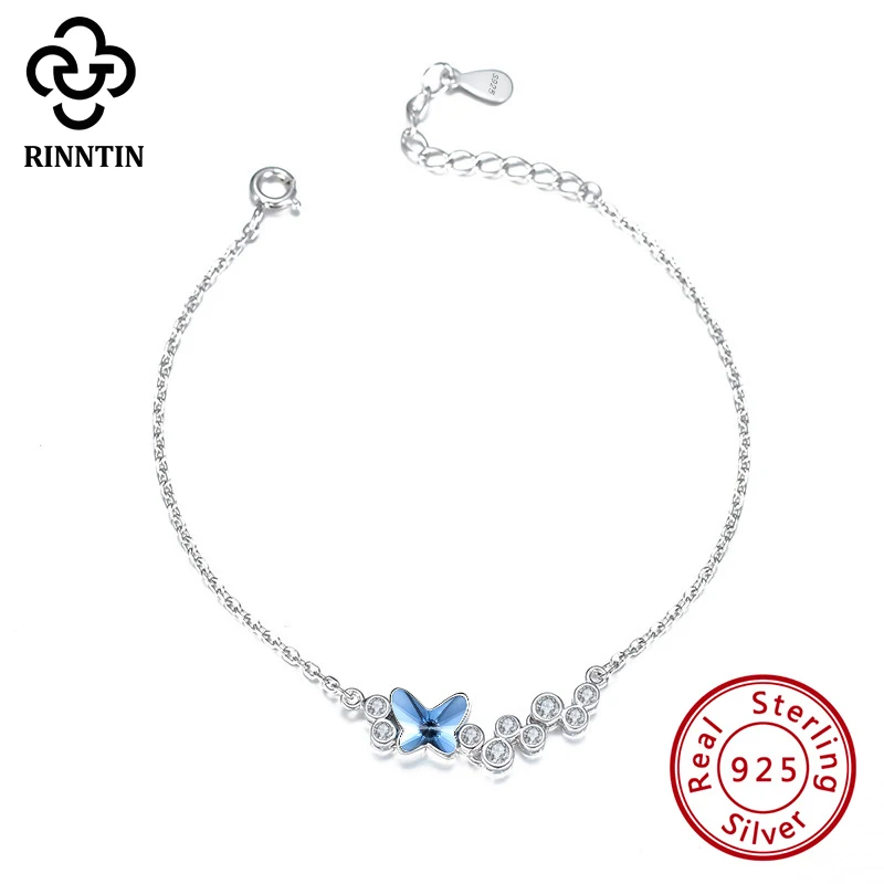 

Rinntin 925 Sterling Silver Bracelet For Women Luxury Crystal Blue Buttfly Charm Bracelet Adjustable AAAA CZ Love Bracelet SWB02