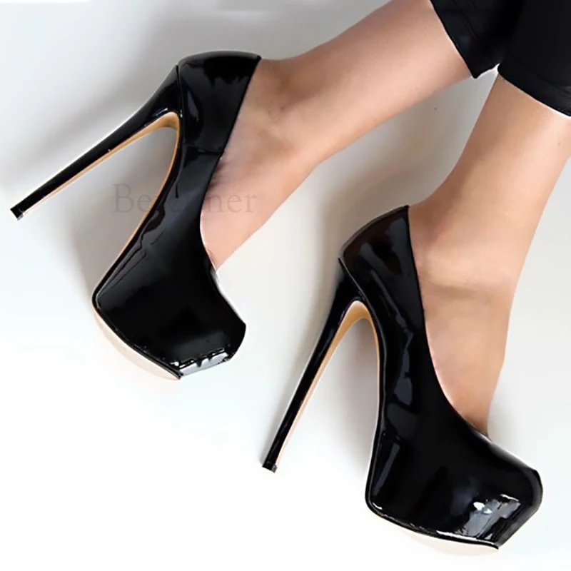 BERZIMER Black Platform Heels Shiny Patent Dress Praty Shoes Stiletto High Heels Pumps Zapatos Shoes Large Size 50 51 52