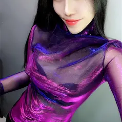 Sexy light and color changing perspective lace high-neck long-sleeved bottoming shirt fashion western trend Has elasticity