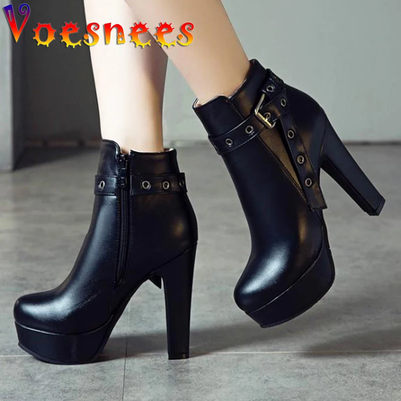 Short  Boots Women 2021 New Platform Thick Heel High Heels Round Toe Side Zipper Belt Buckle Women Shoes Female Ankle Boot