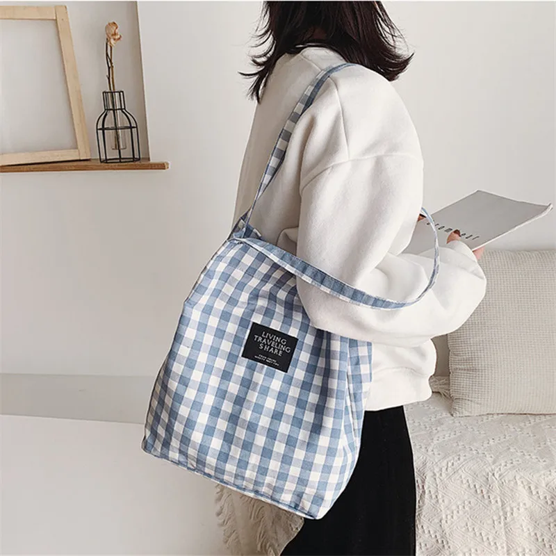 Fashion Simple Women Canvas Handbag Plaid Shoulder Bag Female Wild Black And White Check Tote Bag Campus Style Student Books Bag