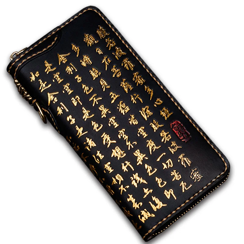 Handmade Genuine Leather Carving Chinese Characters Wallets Bag Purses Women Men Long Clutch Vegetable Tanned Leather Wallet