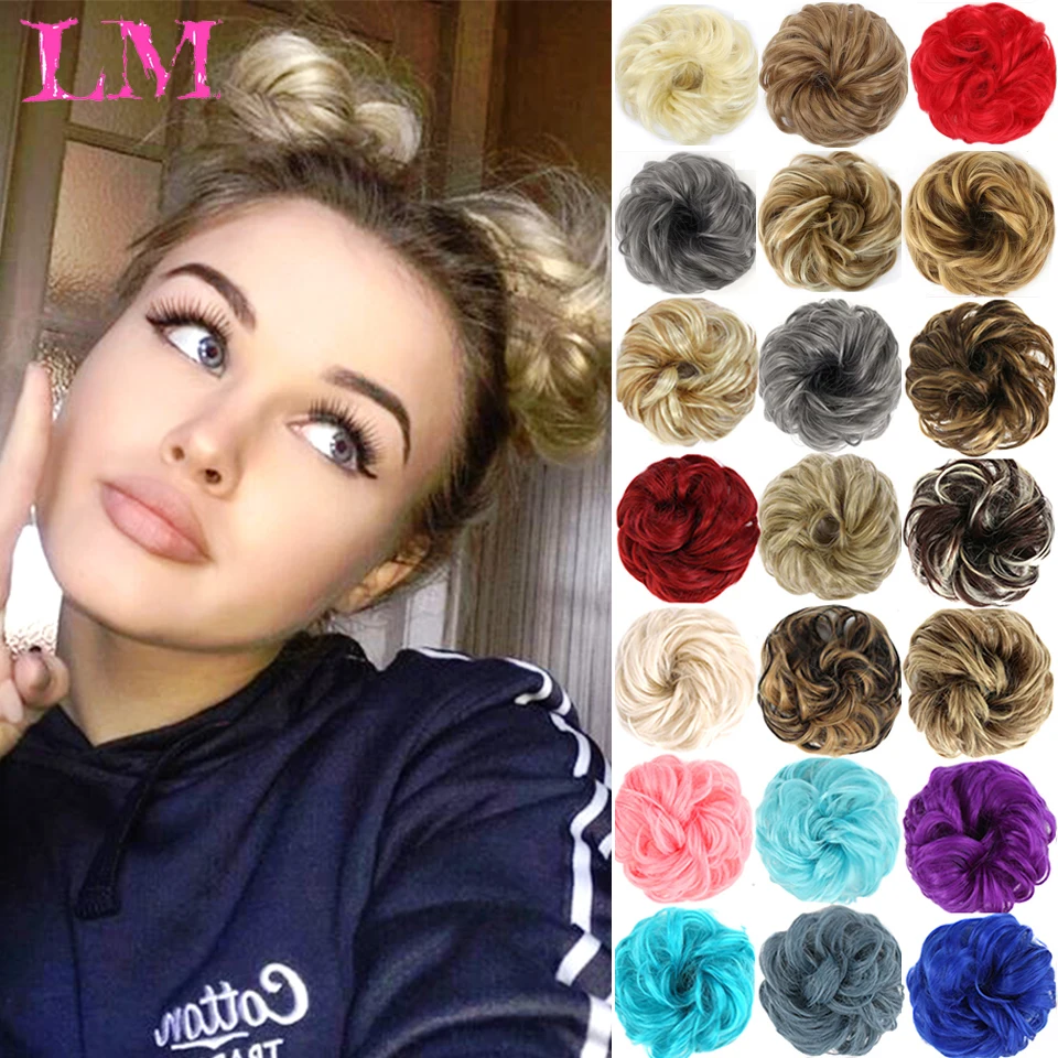 LM Girls Curly Straight Scrunchie Chignon With Rubber Band Brown Gray Synthetic Donut Hair Ring Wrap On Messy Bun Ponytails