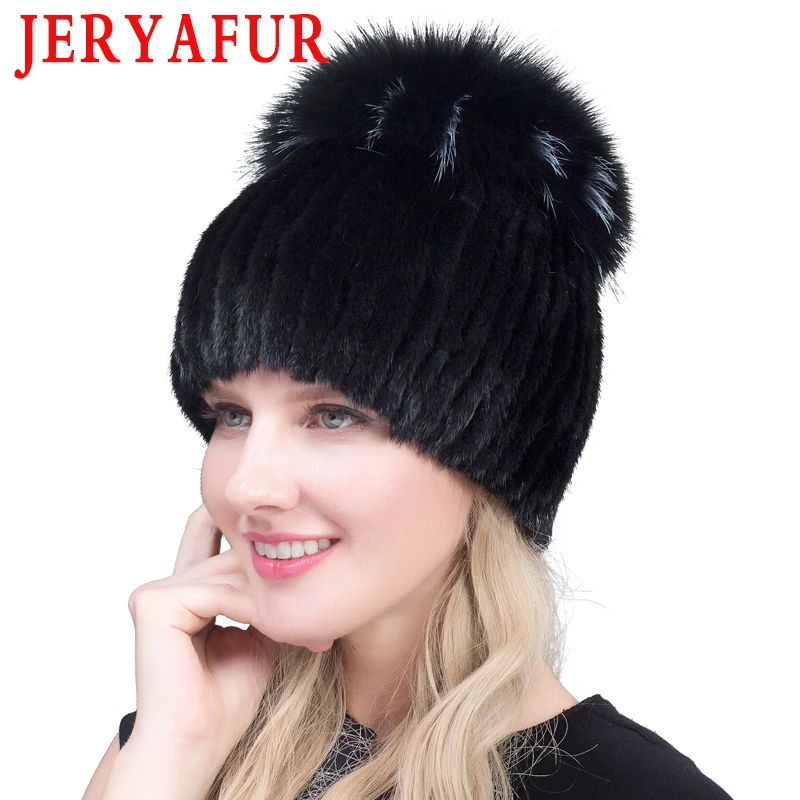 

JERYAFUR Winter Women Hat Warm Mink Fur Cap Double Lined Earflap Caps Fashion Flower Female Fox Fur Skull Beanie