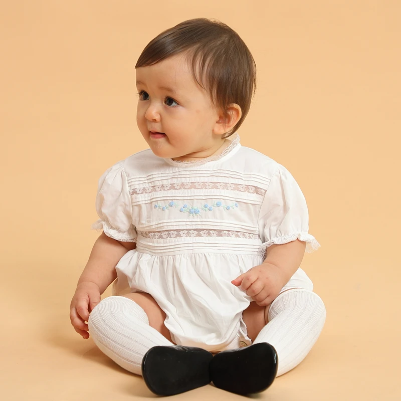 Boutique Romper Branco Do Bebê Menina, Feita À Mão, Flor Bordada, Macacão De Algodão, Macacão De Batismo Recém-nascido, Batizado Roupas Espanholas