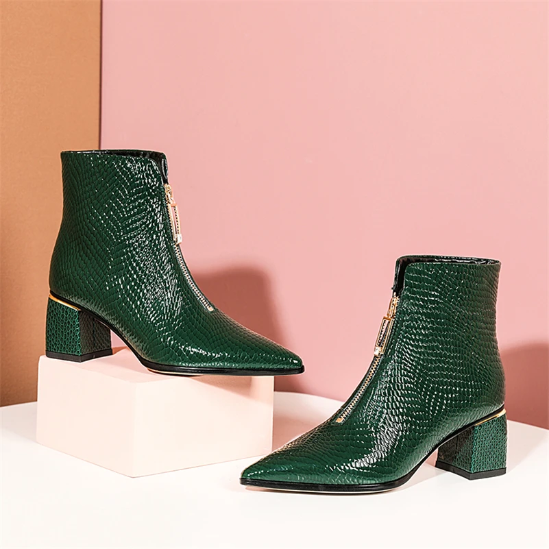 ANNYMOLI Shoes Women Real Leather Thick High Heel Ankle Boots Winter Pointed Toe Zipper Ladies Boots 2021 New Green Size 33-41