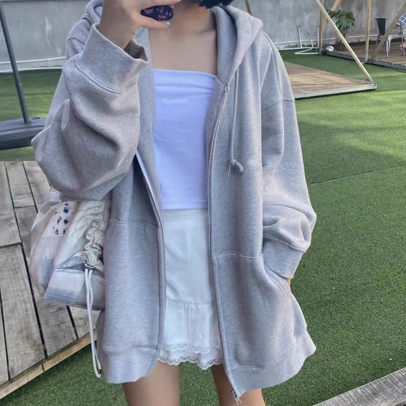 Women Hoodies Autumn Zipper Sweatshirts Casual Solid Loose Thin Long-sleeved Hooded Female Oversized Jacket Coat Korean Style