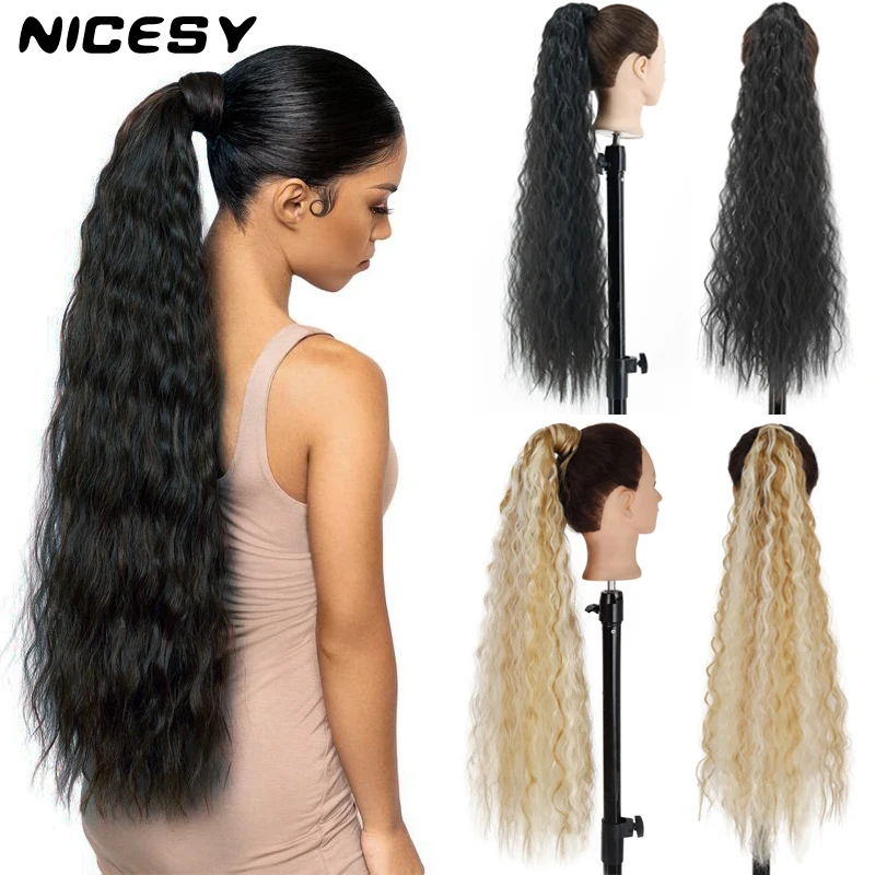 

NICESY Synthetic Long Curly Hair Corn Wavy Ponytail Hair Extension Fiber Heat-Resistant Wig Ombre Brown Black Curly Hair