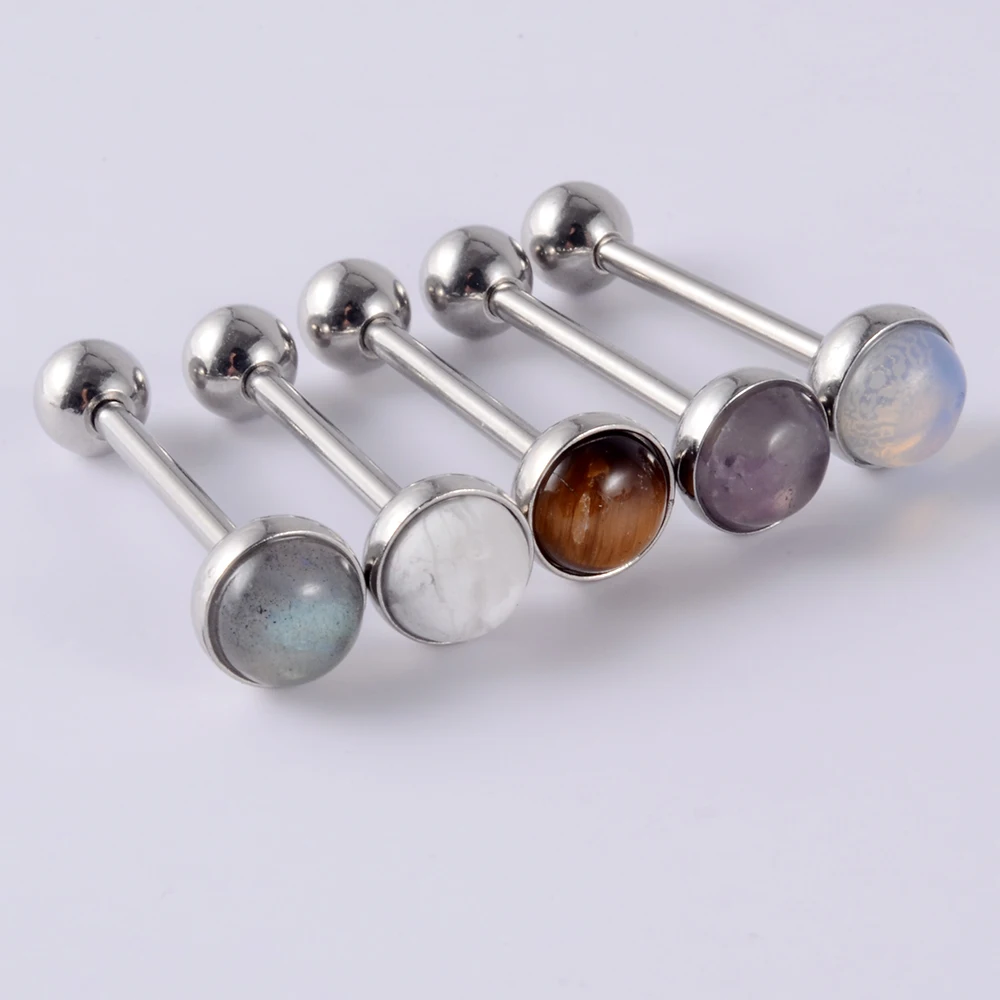 10PCS/Lot Wholesale Amethyst Stone Tongue Barbell G23 Titanium Labradorite Howlite Unisex Surgical Steel Tongue Piercing Jewelry