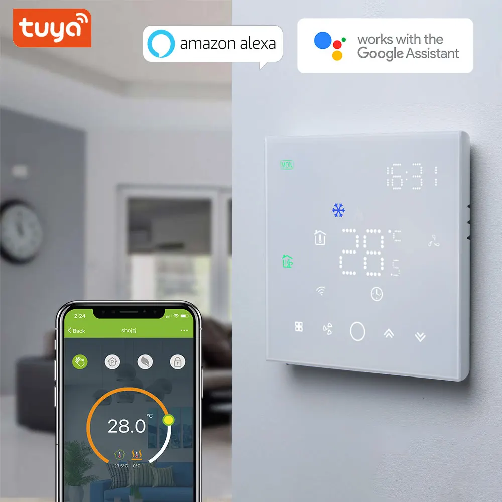 Controlador sem fio inteligente termostato wifi para 4 tubo de aquecimento e refrigeração temperatura 3 velocidade ventilador bobina unidade com alexa google