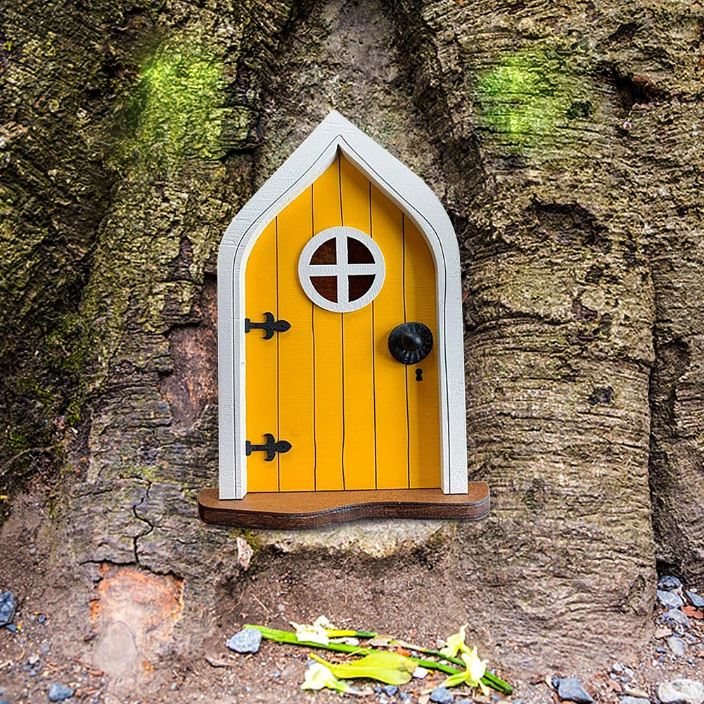 Fairy Gate Yard Sculpture Courtyard Wooden Miniature Fairy Dwarf Window Door for Tree Gnome Art Garden Statues Decoration