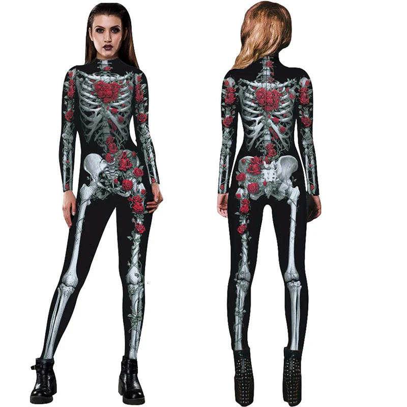 

New Women Sexy Bodysuits Halloween Costumes For Women 3D Skull Rose Printing Jumpsuits Punky Back Yoga Day of the Dead