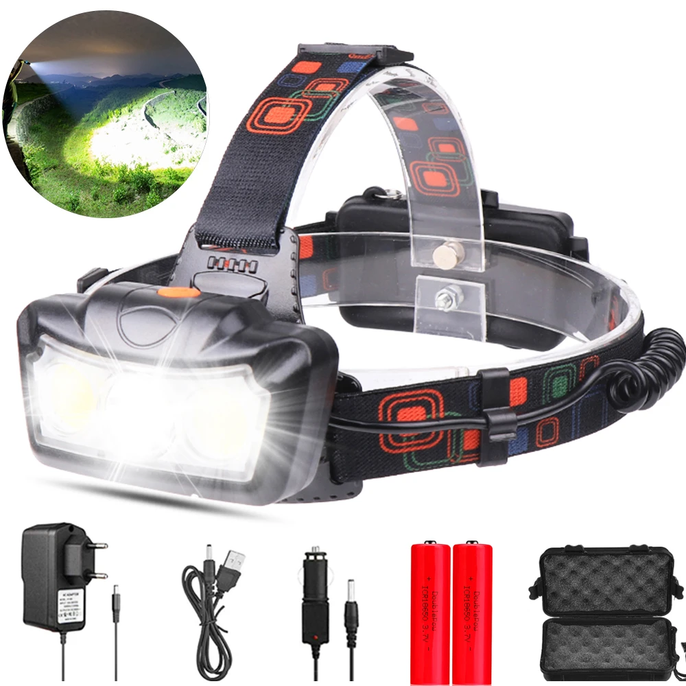 

Super Bright LED Headlamp Headlight T6+COB Head Lamp Flashlight Torch Lanterna head light 18650 battery Best For Camping fishing