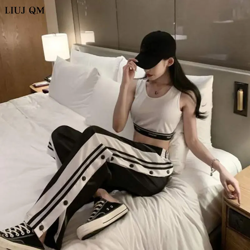 2024 Women Joggers Sweatpants Casual Wide Leg Pants Women Stripe Hip Hop Sweat Pants Streetwear Women Button Trousers Vintage