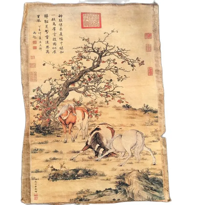 

China Old Scroll Lang Shining's Steeds Horse Painting Slice