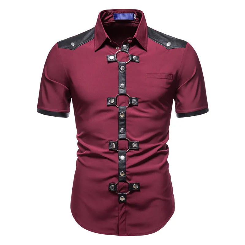 Mens Dress Shirts Short Sleeve Summer Goth Style Rivet Solid Color Social Shirt Homme Men Steampunk Slim Fit Chemise Streetwear