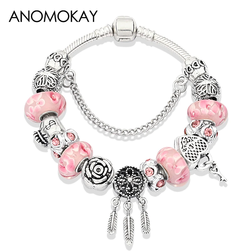 New Design Romantic Pink Glass Flower Charm Bracelet Silver Color Dream Catcher Key Heart Bead Bracelet Best Xmas Jewelry Gift