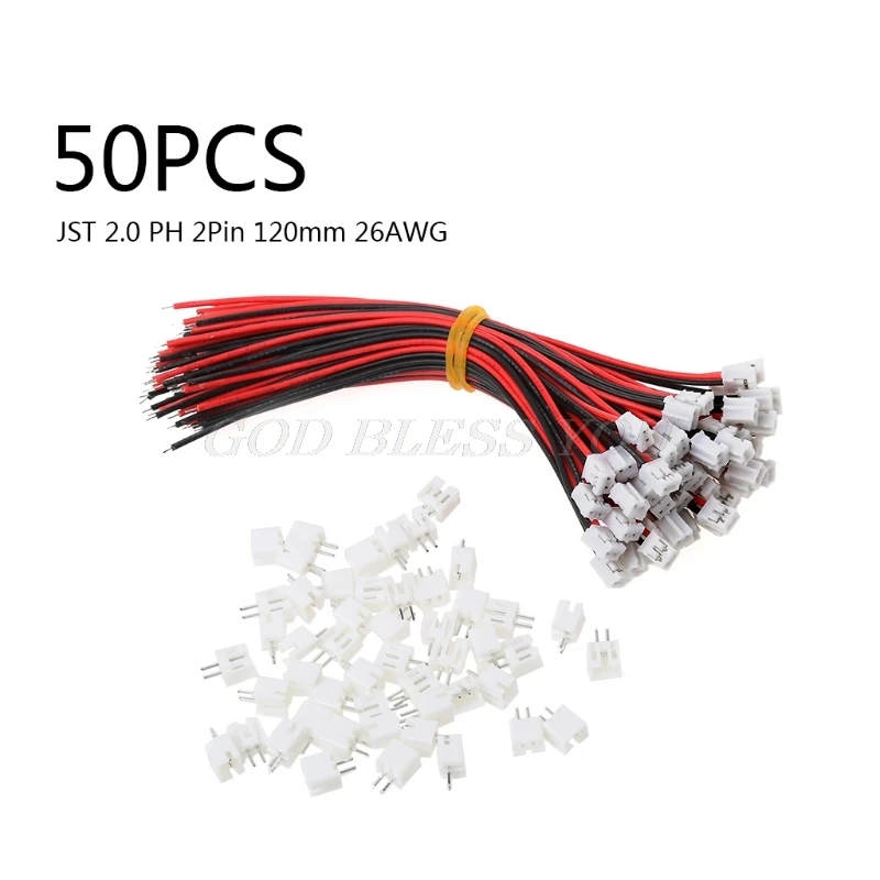 50 SETS Mini Micro JST 2.0 PH 2-Pin Connector Plug with Wires Cables 120MM 26AWG Drop Shipping