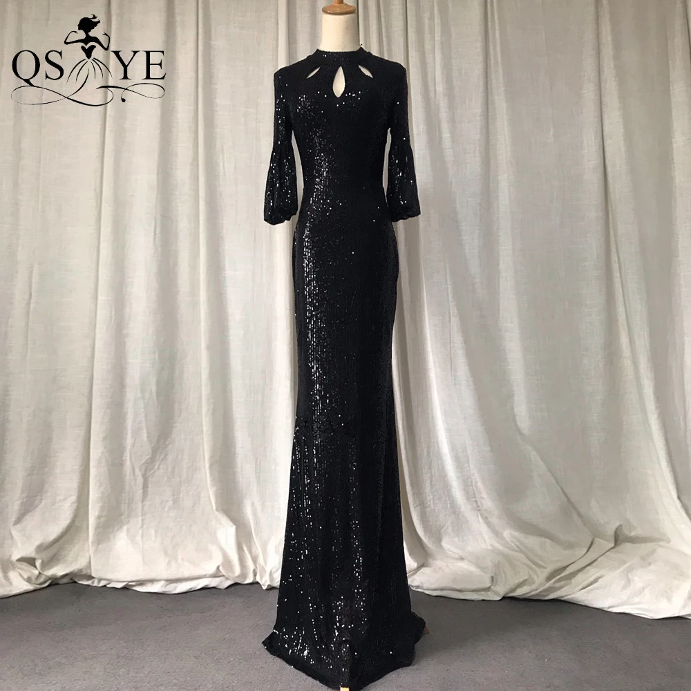 

Lantern Long Sleeves Black Evening Dresses Mermaid High Neck Sequin Party Formal Dress Keyhole Women Zipper up Prom Dress Chic