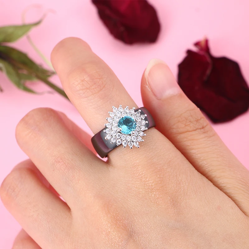 Fashion Crystal Engagement Claws Design Hot Sale Rings For Women AAA Blue White Zircon Cubic Elegant Ceramic Rings Female Gift