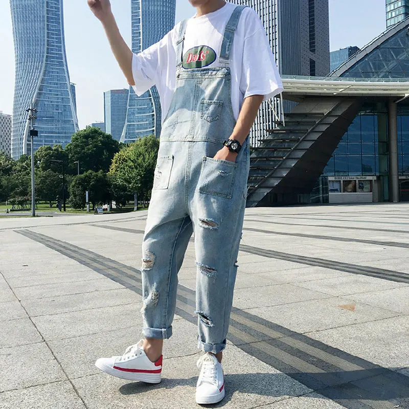 Ripped Men Jeans Bib Overalls Ankle Length  Multi-Pocket Hip Hop Hole Denim Jumpsuits Trousers Leisure Tattered Freight Pants