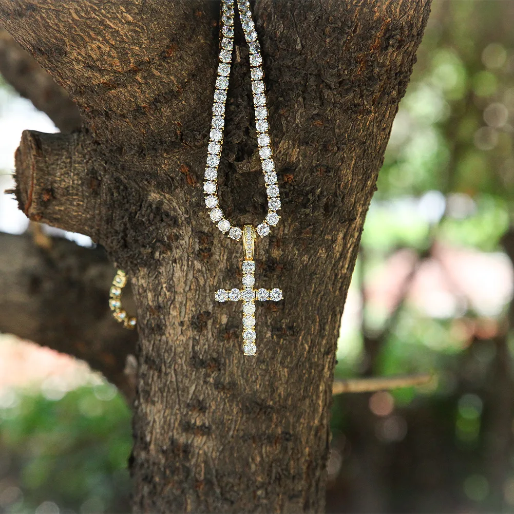DOREMI  4mm Tennis Chain Zircon Tennis Cross Necklaces & Pendant For Men/Women Gold Silver Color Fashion Hip Hop Jewelry