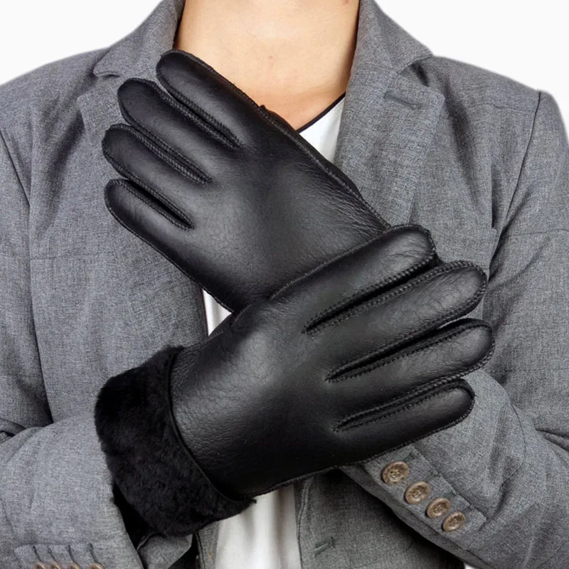 Guantes de piel de oveja para hombre, manoplas térmicas de piel auténtica, hechas a mano, Invierno