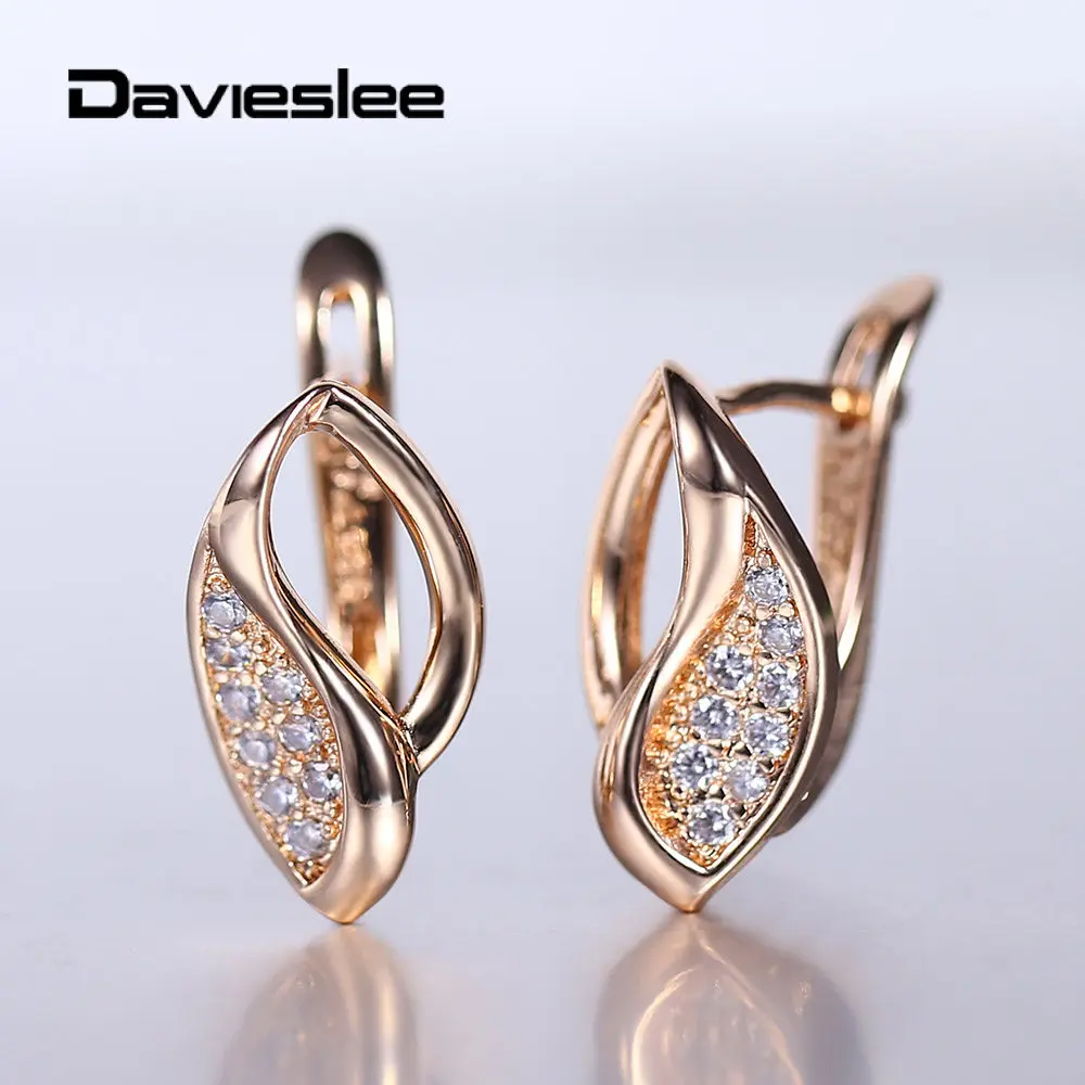 Geometric Leaf Stud Earring 585 Rose Gold Color Cut Out Leaf Clear Cubic Zircon oval Earrings for Women Girls Wedding DGE283