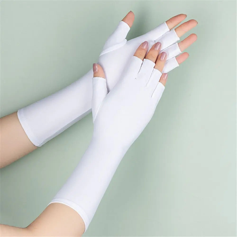 1Pair Sunscreen Protection Fingerless Long Gloves Women Arm Cool Summer Solid Mittens Half Finger Sleeves Black White Nude