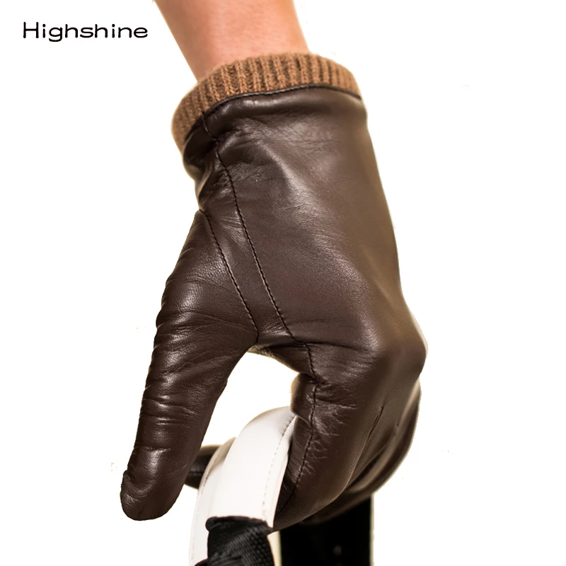 Men's Genuine Leather Gloves Real Sheepskin Black Touch Screen Gloves Fashion Brand Winter Warm Mittens New