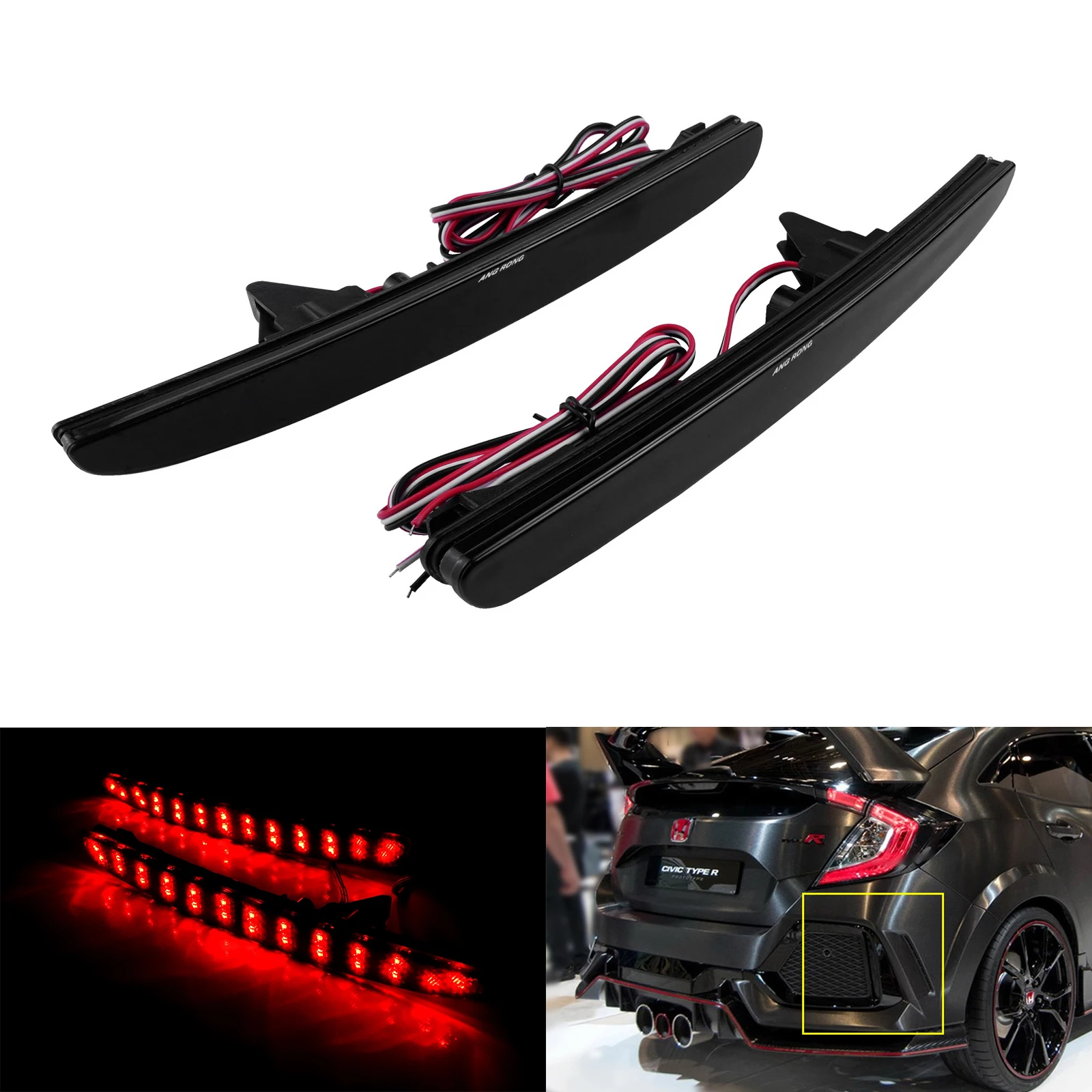 

ANGRONG 2x Black Smoked Lens LED Rear Bumper Reflector Tail Stop Light For Honda Civic 16-up