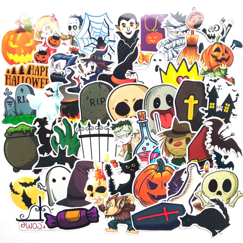 50Pcs Halloween Pumpkin Lantern Ghost Stationery Waterproof PVC Sticker  DIY Luggage Laptop Skateboard kid Classic Toy Stickers