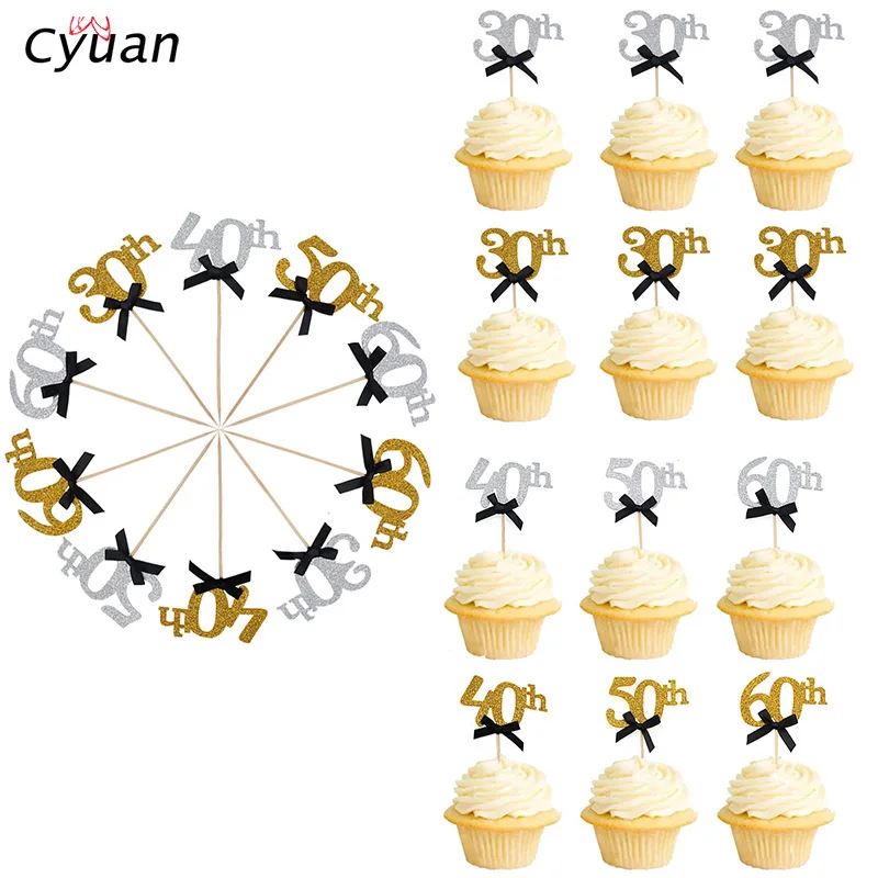 10pcs 30 40 50 60 Years Old Cupcake Toppers Birthday Party Anniversary Adult 30th 40th 50th 60th Birthday Cake Accessory Supply