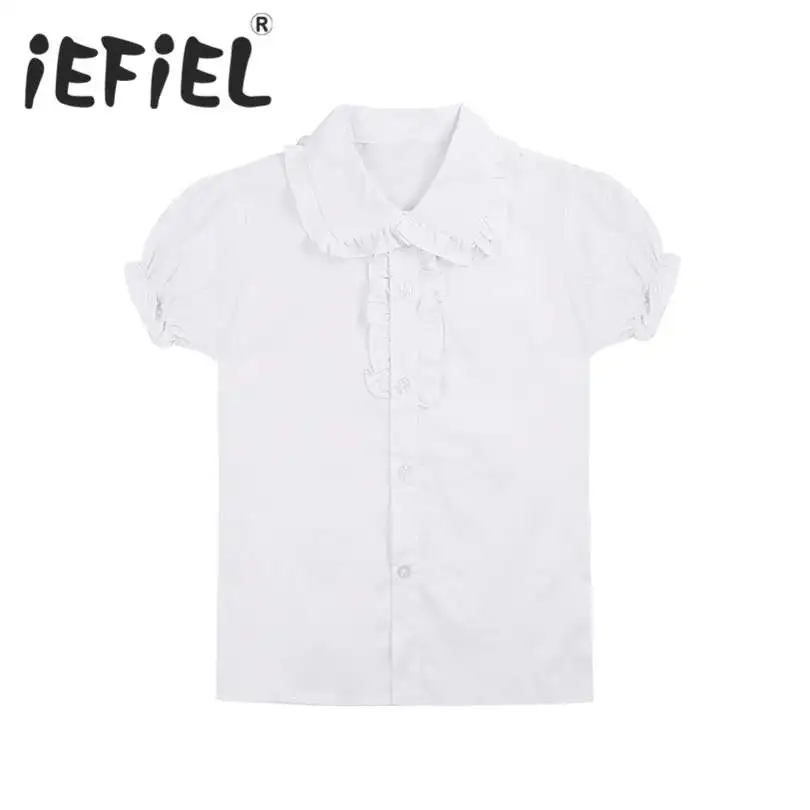 White Big Girls Children Kids Short Puff Sleeves School Uniform Blouse Frill Collar Ruffled Blouse Button up Shirt Blouse Tops