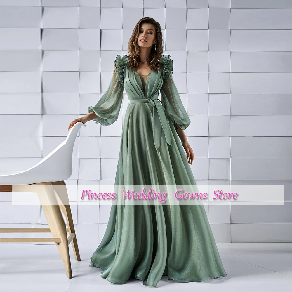 Exquisite A Line Party Gown For Woman Long Sleeves Ruffles V Neck Custom Floor Length Formal Evening Dress Vestidos De Noche