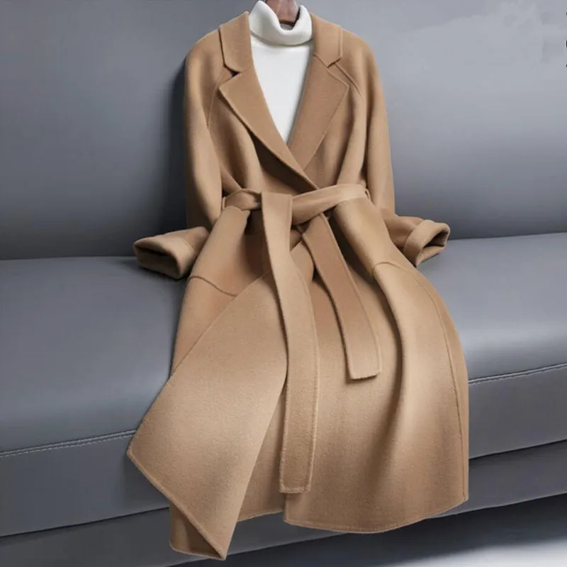 

Women Double-Sided Cashmere Long Coat Female Turn Down Collar Slim Belt Autumn Winter Warm Woolen Coat Outwear q532