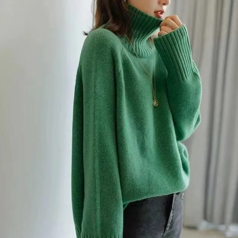 Europe and the United States autumn and winter thickened turtleneck cashmere sweater women wear lazy wind loose wool bottom swea