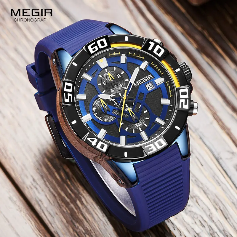 MEGIR Luxury Blue Watch Men Top Brand Silicone Bracelet Sport Chronograph Quartz Wrist Watches Man Relogio Masculino Clock 2121