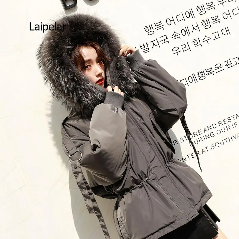 Winter Jacket Women Hooded Real Natural Raccoon Fur Collar Down Coat Solid Large size Female Coat 90%White Duck Down Jacket