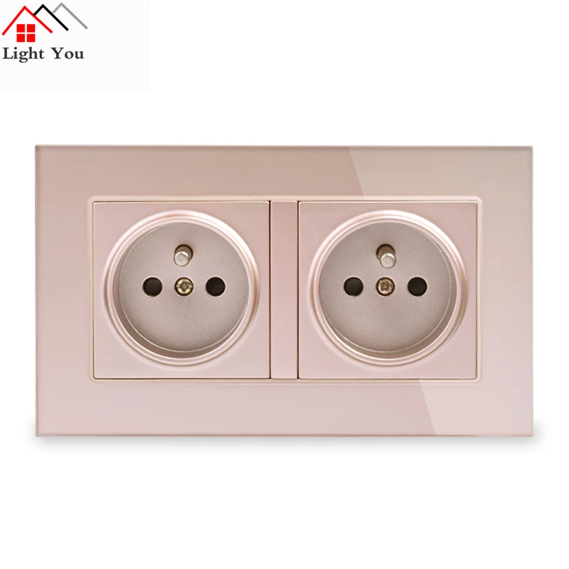 Light You 16A 3 Colour Double French Wall Socket Crystal Glass Panel Power Outlet Plug Grounded 146mm * 86mm EU Socket