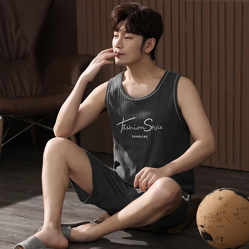 2024 New Style Men\'s Pajamas Set Summer Thin Cotton Male Pajamas Sets Vest Sleepwear Sleeveless Tops + Shorts 2pcs/set L-XXXXL