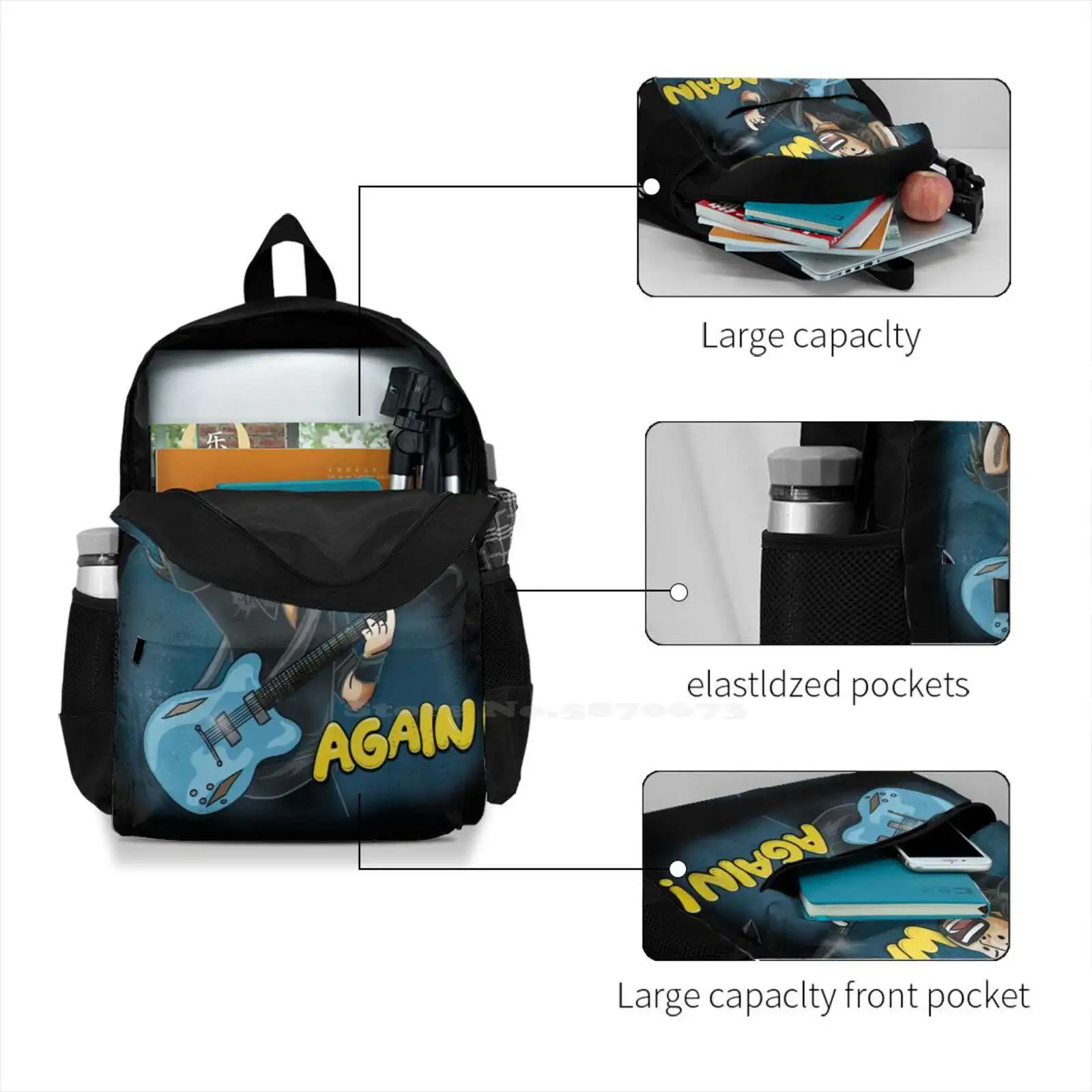 Mochila para guitarra e baterista, mochila azul, Learning to Walk Again, recém-chegados