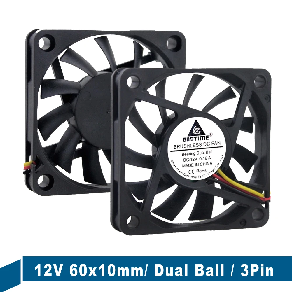 

2 Pieces lot Gdstime 60x60x10mm Ball Bearing 12V 3Pin Brushless DC Cooling fan 6CM 60mm x 10mm 6010 Computer Cooler Axial Fan