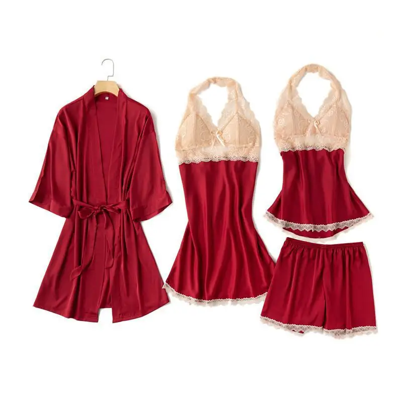 

Wedding Robe Set Women 4PCS Kimono Bathrobe Gown Intimate Lingerie Satin Home Clothing Casual Nightwear Sleep Set Home Wear