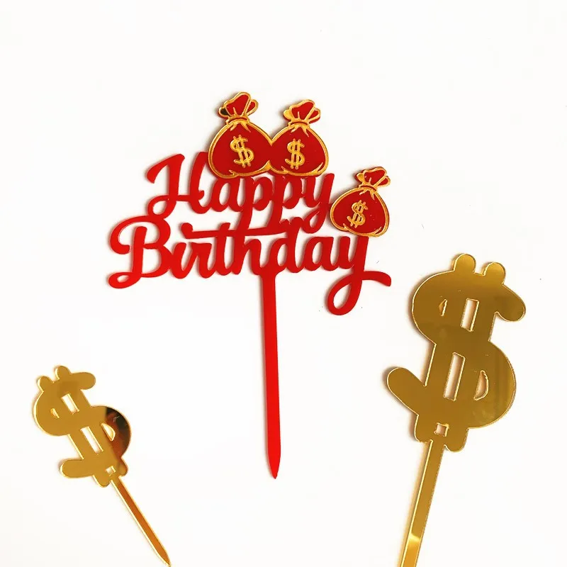 Acrylic Happy Birthday Cake Topper Novelty Money Bag Rich Wishes Cake Topper For Business Men Birthday Party Cake Decorations