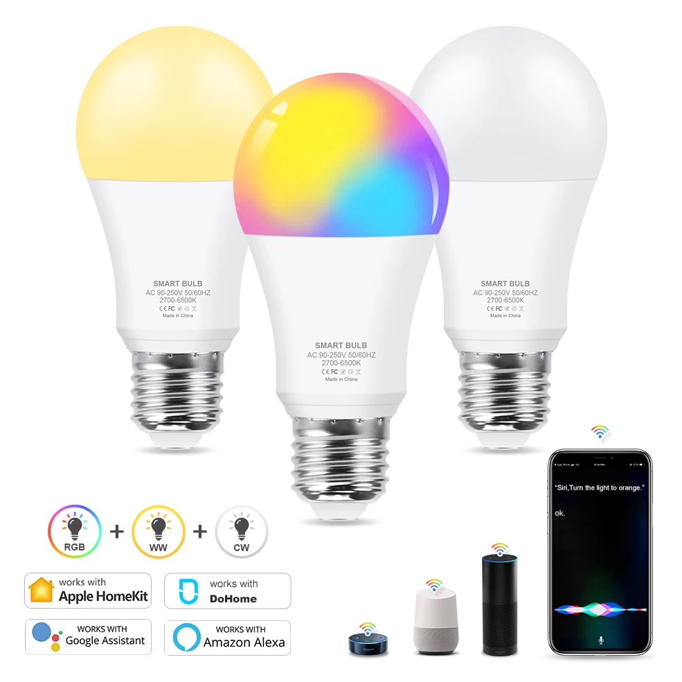 Wifi Smart LED Light Bulb RGB Warm White Cool White Remove Control 15W E26 E27 Application For IOS Siri Alexa Goole Assistant