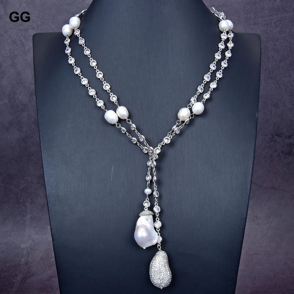 

G-G Natural White Keshi Baroque Pearl Cz Pave White Gold Color Plated Crystal Chain Long Necklace 49'' For Women