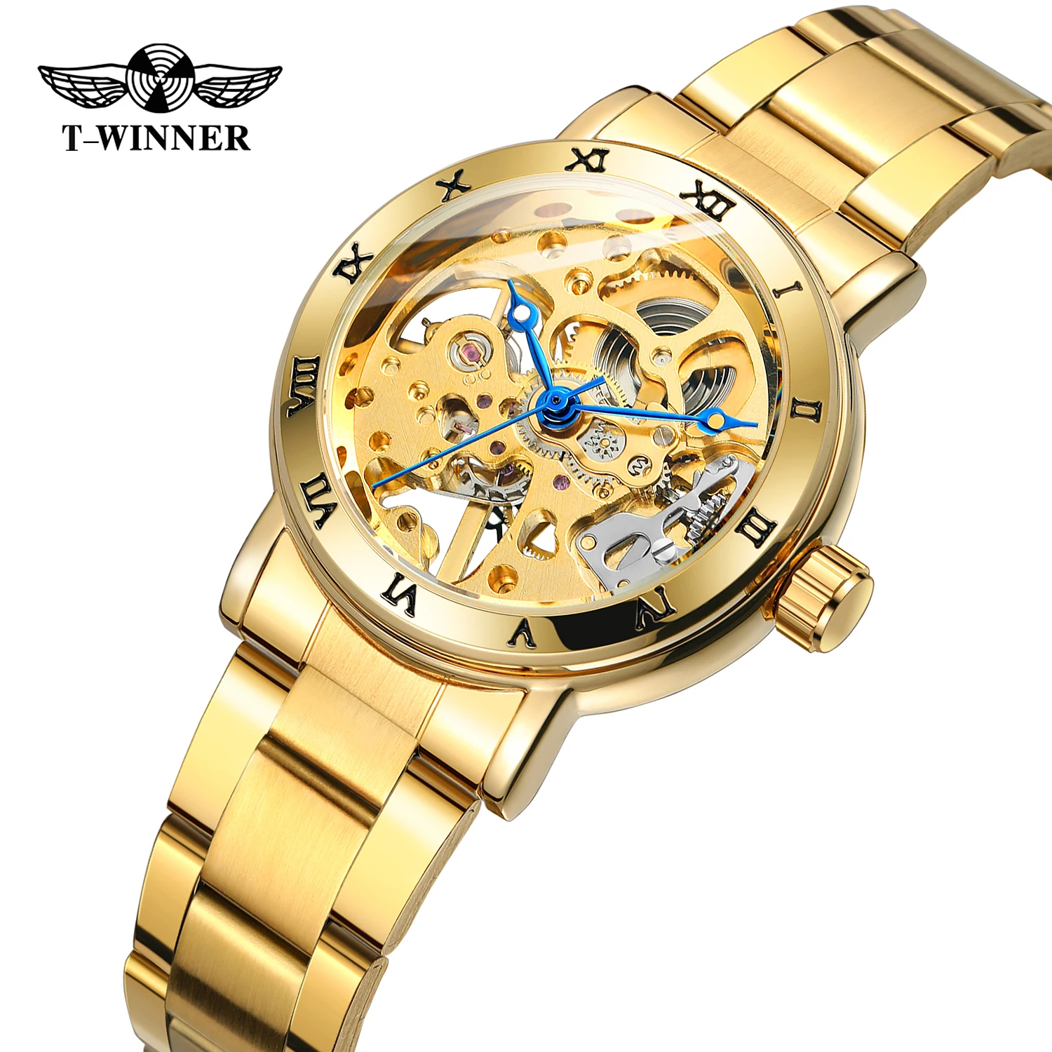 T-winner Blue Hand Roman Numeral Mechanical Watch Gold Hollow Steel Band Watch Round Alloy Ladies Watch