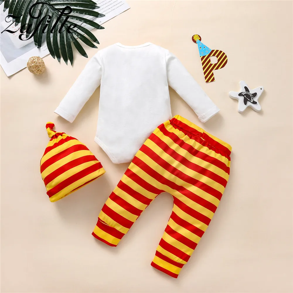 ZAFILLE 2023 Newest Winter Baby Costume For Boy Letter Bodysuit Romper+Print Pants+Hat 3pcs Newborn Clothes 0-9 Months Boy Sets