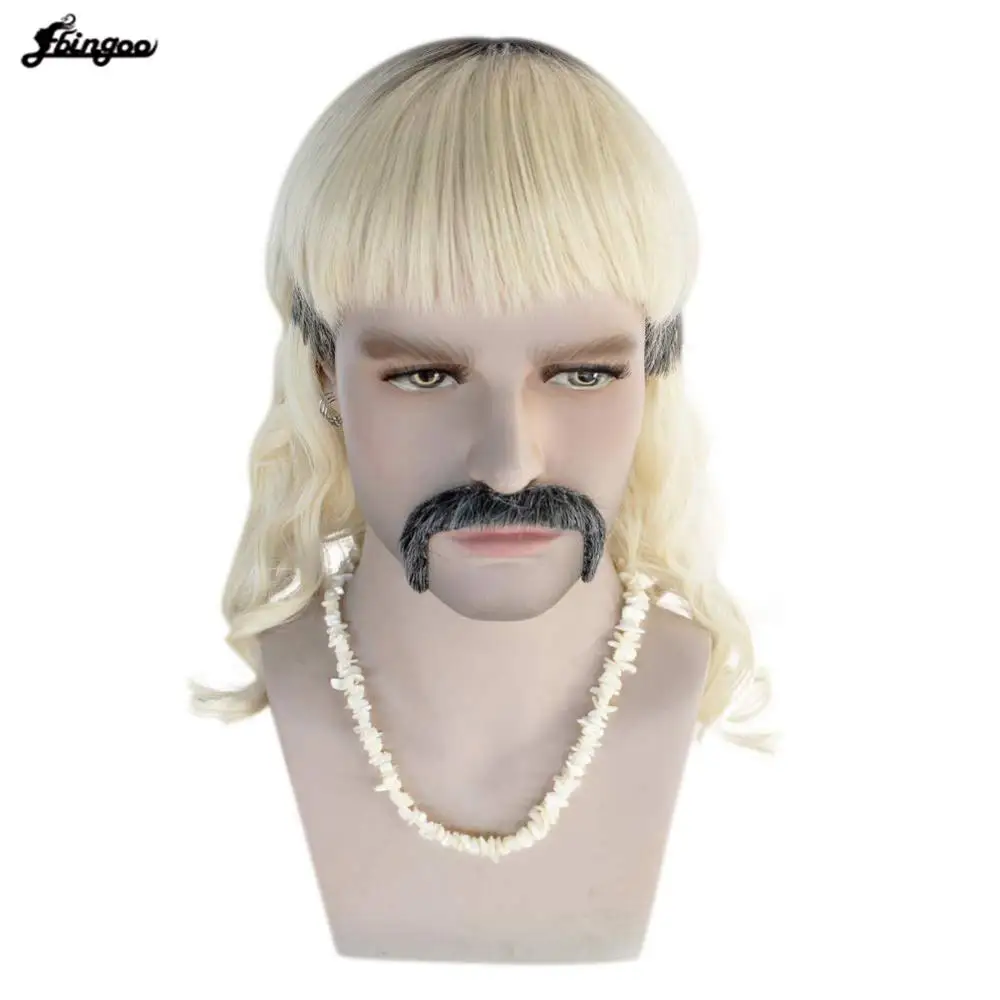 Ebingoo Tiger King Joe Exotic Wig  Earrings Beard Mustache Halloween Carnival Cosplay Wig + Blonde Hat Wig+Necklace Cosplay Wig